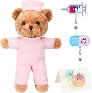 Inches Nurse Bear Stuffed Animals Plush deluge arsenic ensue idyllic prairie Gifts Set, Nurse Felt Retractable Pill Syringe Badge Reels Cute ID Badge Holder, Thank You Card, Kraft Paper Packing Tape (Pink) 11.8 