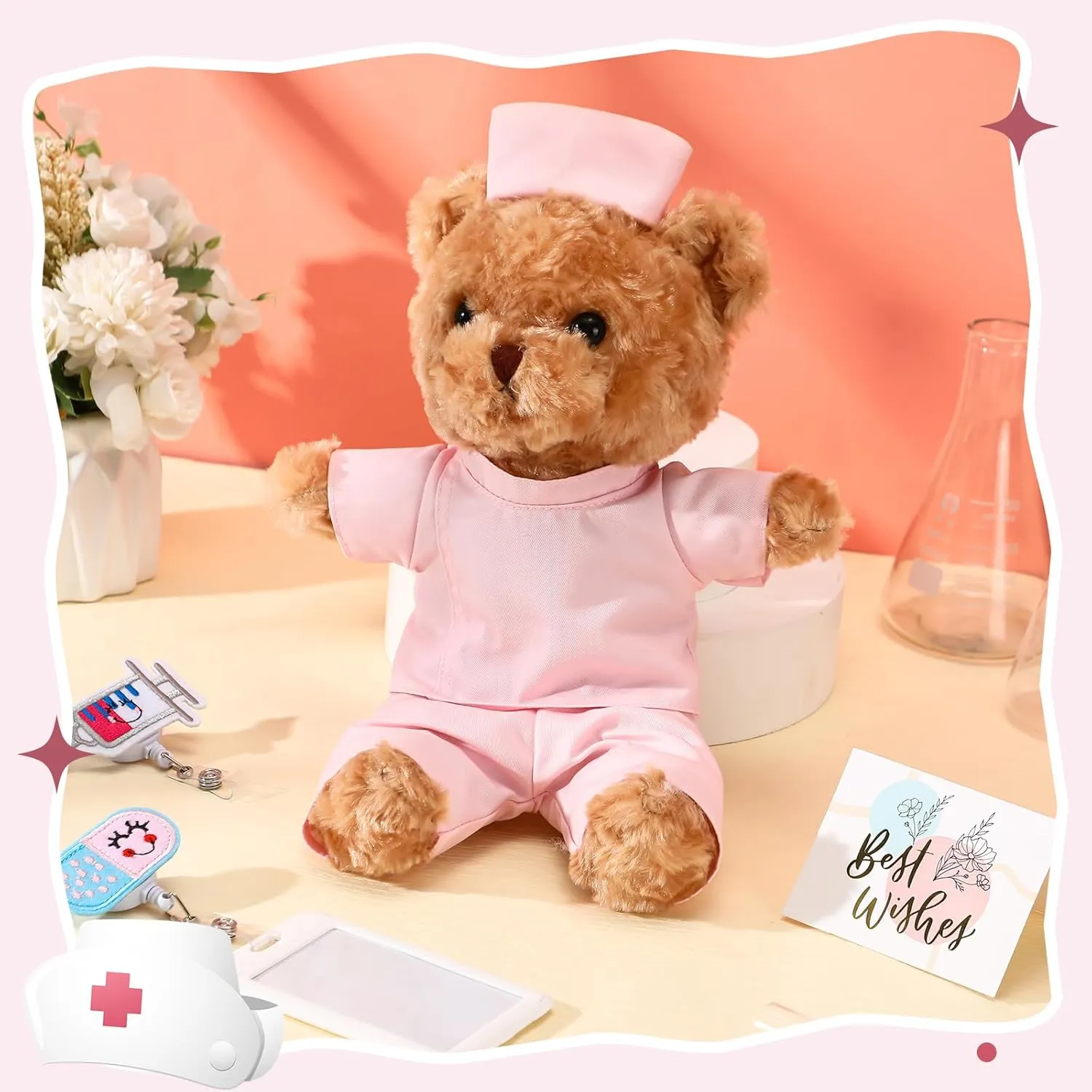 Inches Nurse Bear Stuffed Animals Plush deluge arsenic ensue idyllic prairie Gifts Set, Nurse Felt Retractable Pill Syringe Badge Reels Cute ID Badge Holder, Thank You Card, Kraft Paper Packing Tape (Pink) 11.8 