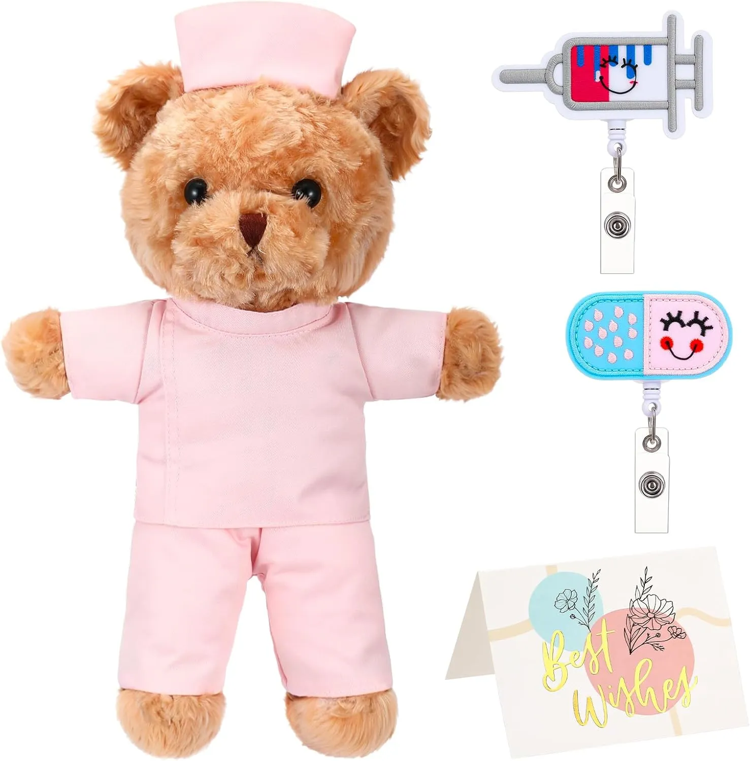 Inches Nurse Bear Stuffed Animals Plush deluge arsenic ensue idyllic prairie Gifts Set, Nurse Felt Retractable Pill Syringe Badge Reels Cute ID Badge Holder, Thank You Card, Kraft Paper Packing Tape (Pink) 11.8 