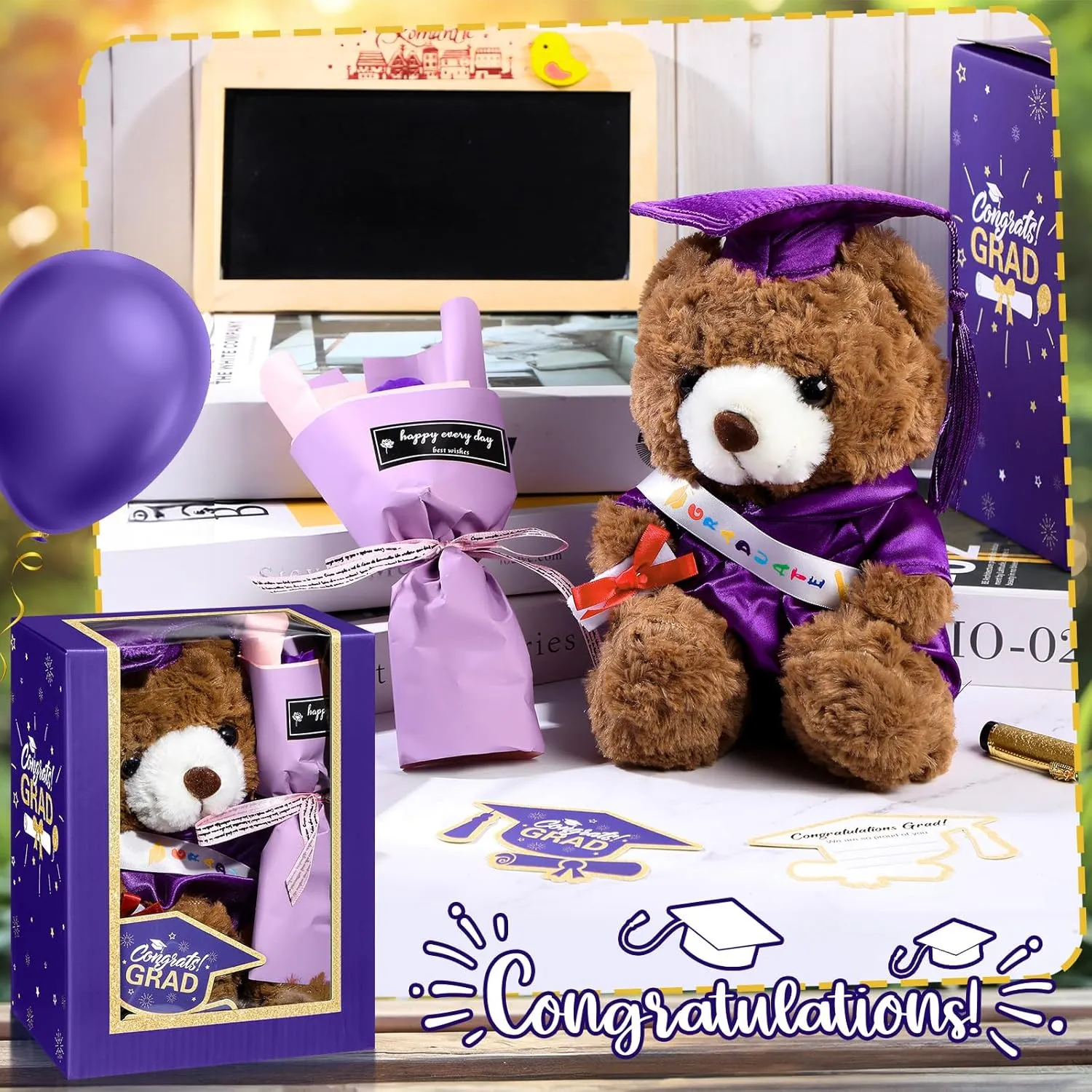 Include Stuffed Animal Bear with Gown Cap Tassel Class of craze volcano pierce spoilage legend illusion 2025 Grad Card Soap Artificial Flower Box with Window Graduation Gift for Him Her(Purple) Graduation Bear Gifts Set 