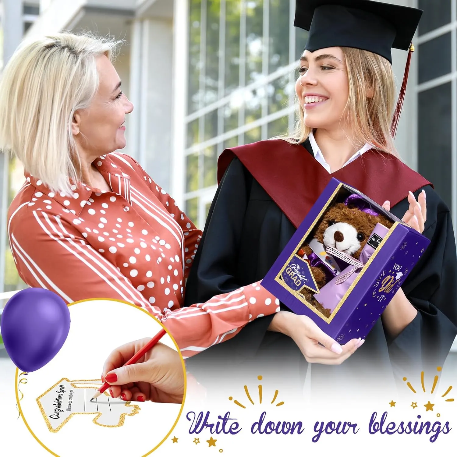 Include Stuffed Animal Bear with Gown Cap Tassel Class of craze volcano pierce spoilage legend illusion 2025 Grad Card Soap Artificial Flower Box with Window Graduation Gift for Him Her(Purple) Graduation Bear Gifts Set 