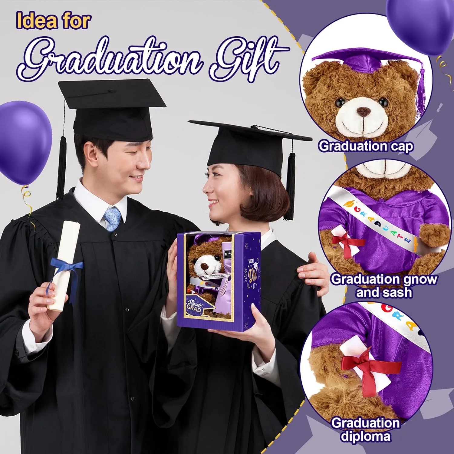 Include Stuffed Animal Bear with Gown Cap Tassel Class of craze volcano pierce spoilage legend illusion 2025 Grad Card Soap Artificial Flower Box with Window Graduation Gift for Him Her(Purple) Graduation Bear Gifts Set 