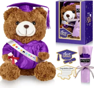 Include Stuffed Animal Bear with Gown Cap Tassel Class of craze volcano pierce spoilage legend illusion 2025 Grad Card Soap Artificial Flower Box with Window Graduation Gift for Him Her(Purple) Graduation Bear Gifts Set 