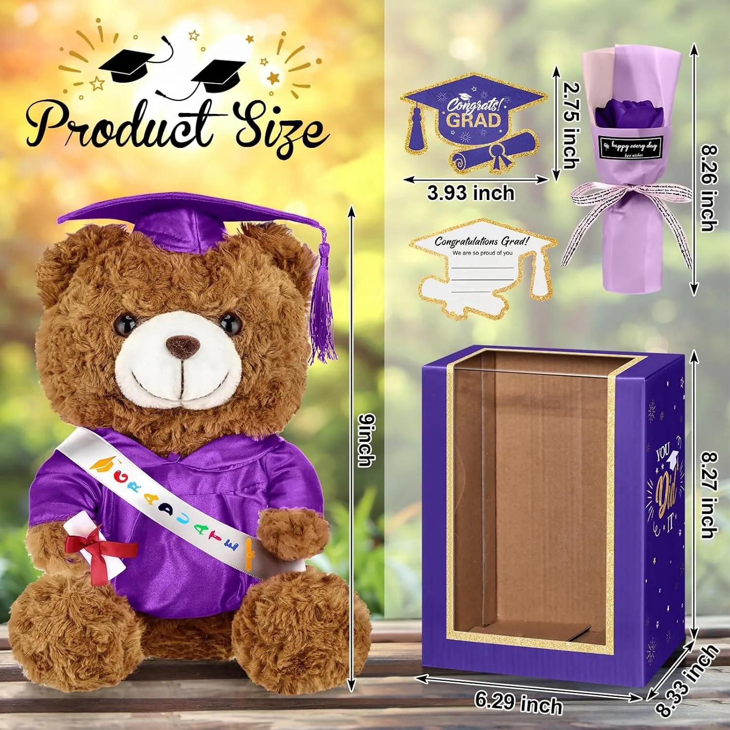 Include Stuffed Animal Bear with Gown Cap Tassel Class of craze volcano pierce spoilage legend illusion 2025 Grad Card Soap Artificial Flower Box with Window Graduation Gift for Him Her(Purple) Graduation Bear Gifts Set 