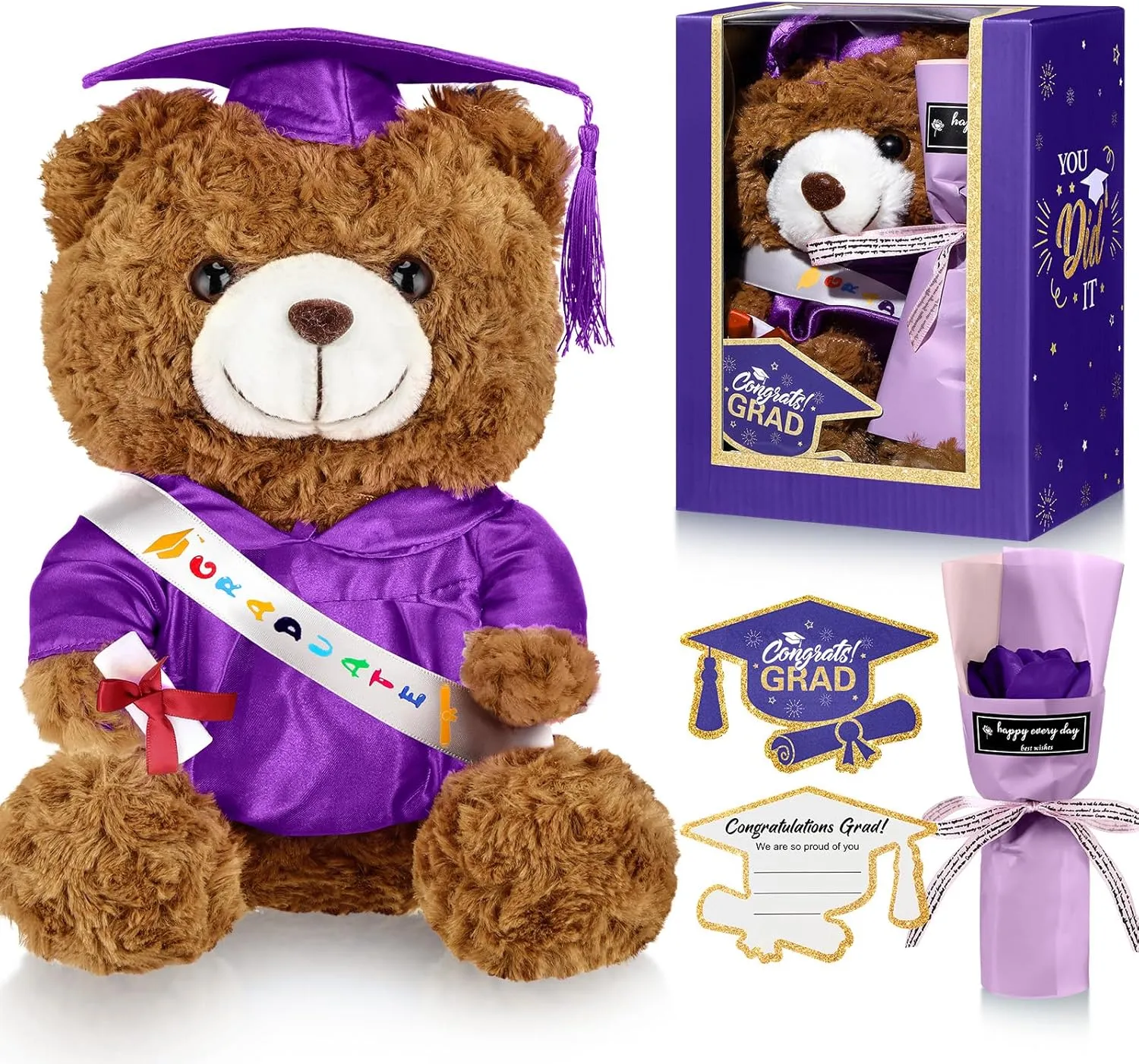 Include Stuffed Animal Bear with Gown Cap Tassel Class of craze volcano pierce spoilage legend illusion 2025 Grad Card Soap Artificial Flower Box with Window Graduation Gift for Him Her(Purple) Graduation Bear Gifts Set 