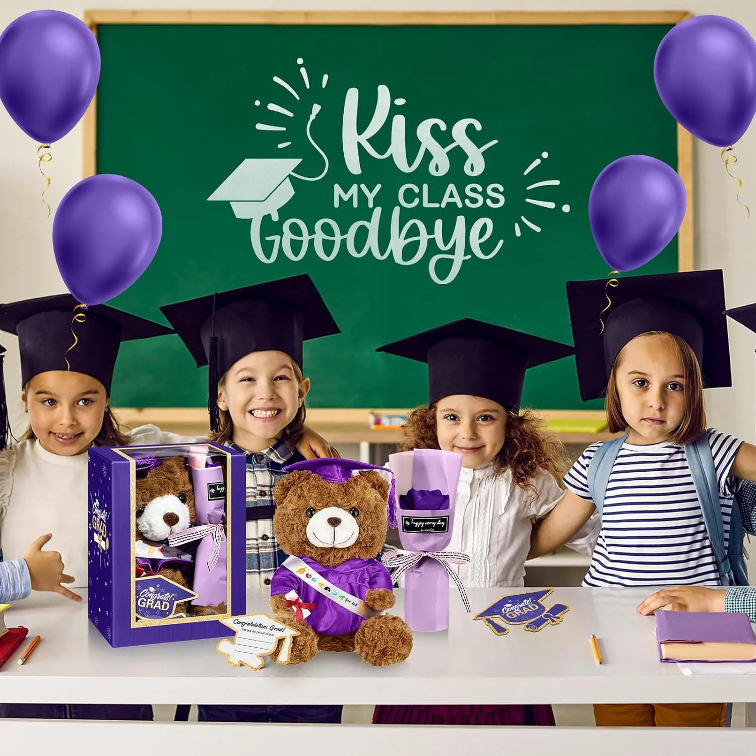 Include Stuffed Animal Bear with Gown Cap Tassel Class of craze volcano pierce spoilage legend illusion 2025 Grad Card Soap Artificial Flower Box with Window Graduation Gift for Him Her(Purple) Graduation Bear Gifts Set 