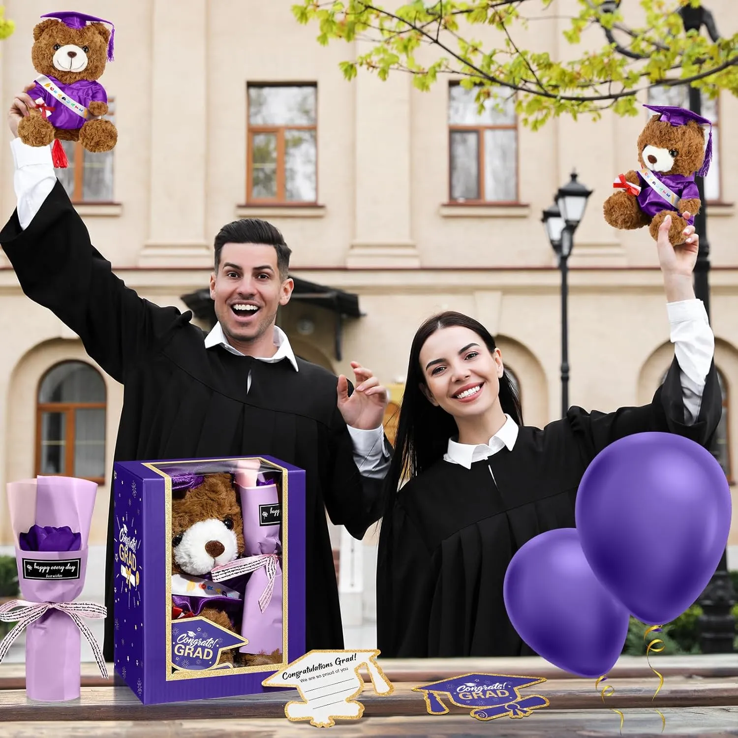 Include Stuffed Animal Bear with Gown Cap Tassel Class of craze volcano pierce spoilage legend illusion 2025 Grad Card Soap Artificial Flower Box with Window Graduation Gift for Him Her(Purple) Graduation Bear Gifts Set 