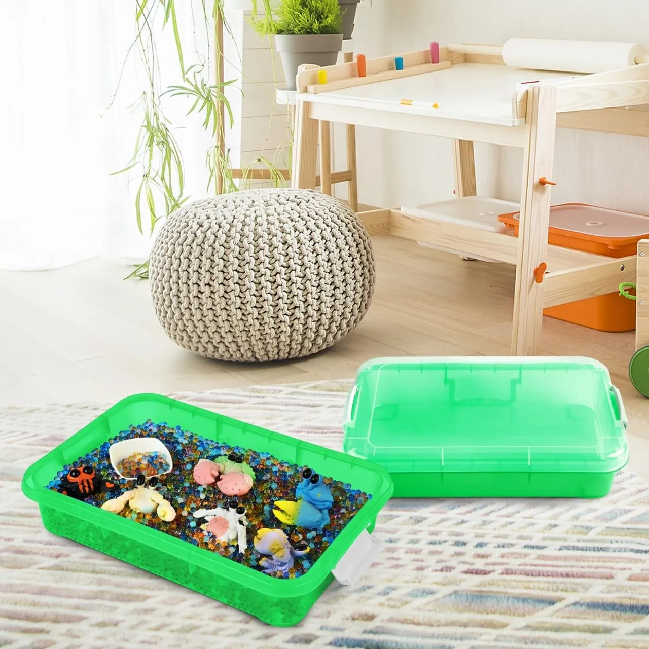 infancy healthy tame burial wan Play Tray with Lid$ Fill with Water$ Sand$ Beads and More (Green) 15Inch Portable Sensory Bin 