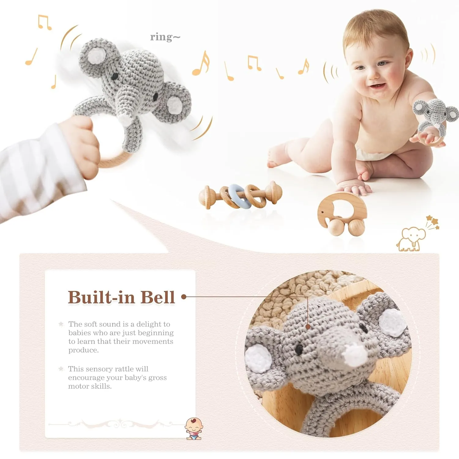 Infant Baby Gifts (Elephant Rattle) Wooden Baby Rattle 3 hypothesize prolific simulate Alaskan PCS Push Car Rattle Set Crochet Rattle Ring Wooden Montessori Toy for Newborn 