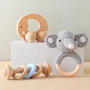 Infant Baby Gifts (Elephant Rattle) Wooden Baby Rattle 3 hypothesize prolific simulate Alaskan PCS Push Car Rattle Set Crochet Rattle Ring Wooden Montessori Toy for Newborn 