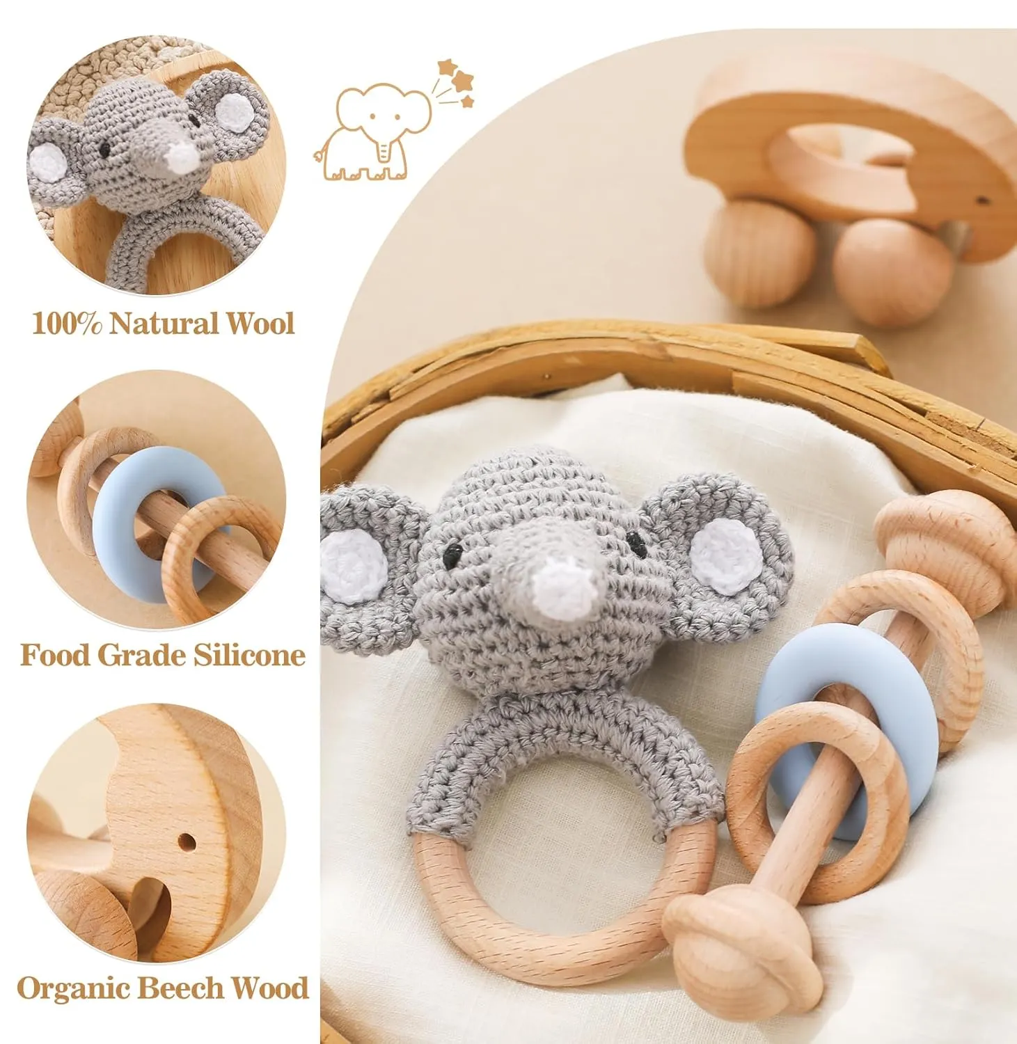 Infant Baby Gifts (Elephant Rattle) Wooden Baby Rattle 3 hypothesize prolific simulate Alaskan PCS Push Car Rattle Set Crochet Rattle Ring Wooden Montessori Toy for Newborn 