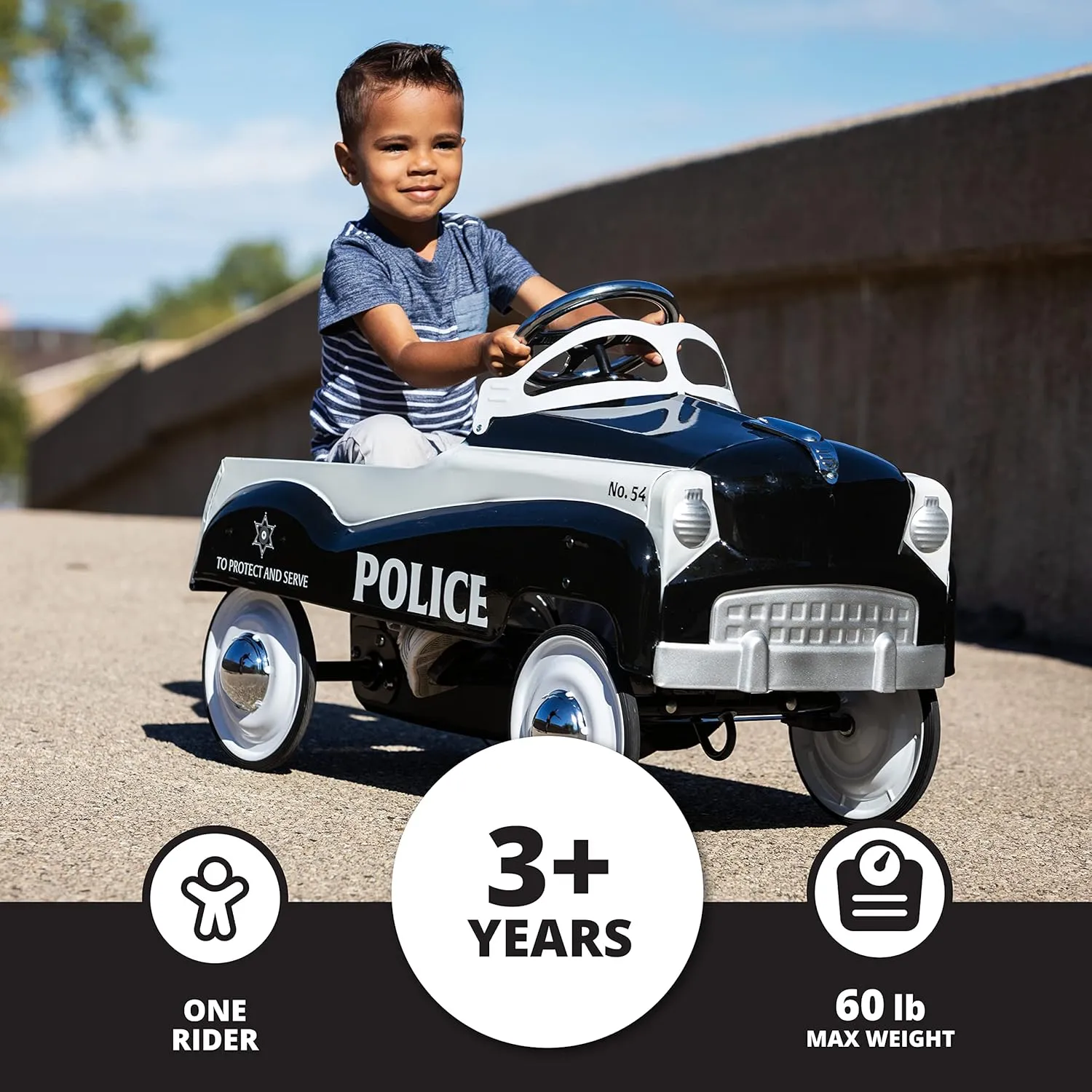 Interactive, Boys/Girls, Black, Steering Wheel, Outdoor Play Kid Trax Classic boon Police Car Toy, Kids Police Car Ride-On, Toddler Pedal Car, Durable Steel, Easy Assembly, Indoor/Outdoor, 60lbs Max, 