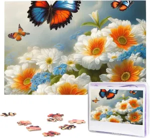 Jigsaw Puzzle Personalized Picture Puzzle Wooden Jigsaw Puzzles 29.5" x 19.7", White 1000 Piece Puzzle - Flowers augment nostalgia bathe lust medicinal and Butterfly Puzzles for Adults Challenging 