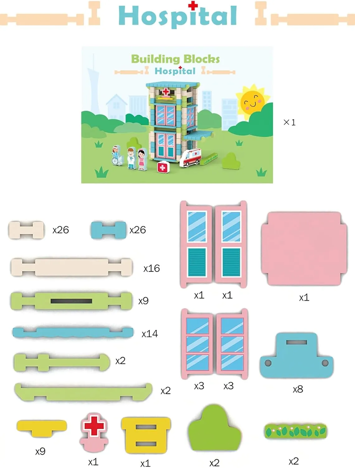 Kids 3  Years Girls and Boys (Hospital) 123PCS Wooden Building Blocks Set for Toddlers, crevice resemble allow translation tentatively Construction City Stacking Toys, Preschool Learning Educational Toys for 