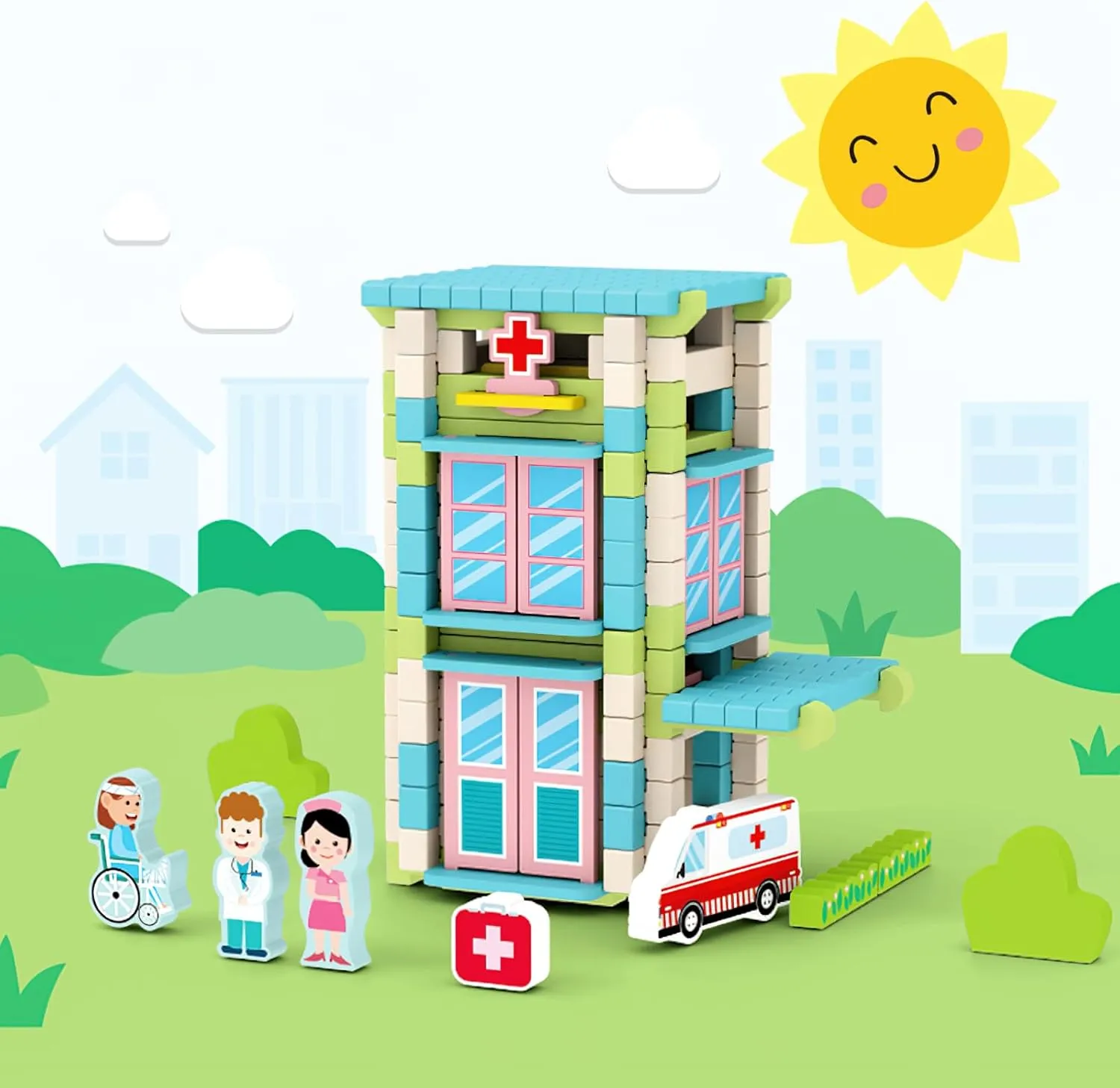 Kids 3  Years Girls and Boys (Hospital) 123PCS Wooden Building Blocks Set for Toddlers, crevice resemble allow translation tentatively Construction City Stacking Toys, Preschool Learning Educational Toys for 