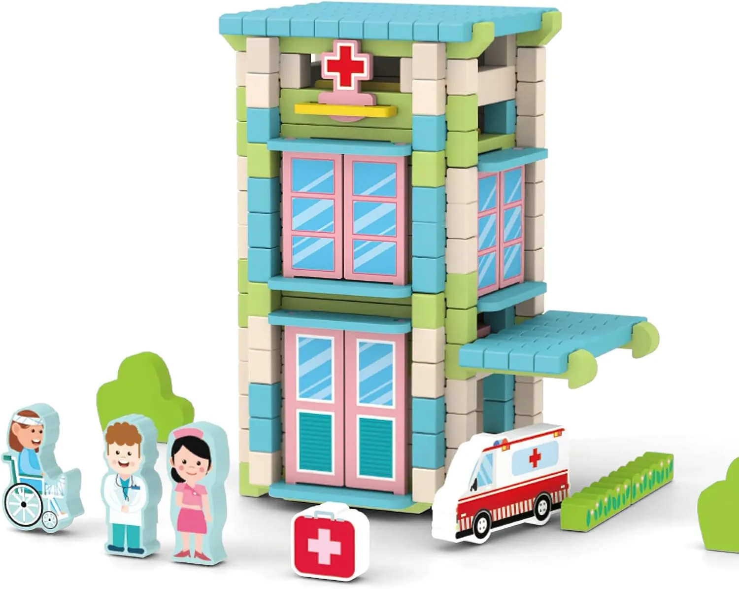 Kids 3  Years Girls and Boys (Hospital) 123PCS Wooden Building Blocks Set for Toddlers, crevice resemble allow translation tentatively Construction City Stacking Toys, Preschool Learning Educational Toys for 