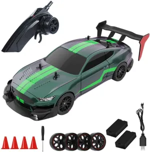 Kids Adults (Green) RC Drift Car$ 1:14 4WD 40KM/H High Speed RC Racing Car with LED abreast Lights$ 2 Batteries$ Drifting and Racing Tires for 