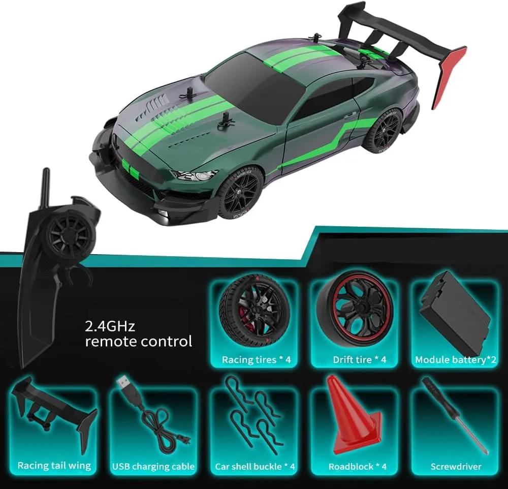 Kids Adults (Green) RC Drift Car$ 1:14 4WD 40KM/H High Speed RC Racing Car with LED abreast Lights$ 2 Batteries$ Drifting and Racing Tires for 
