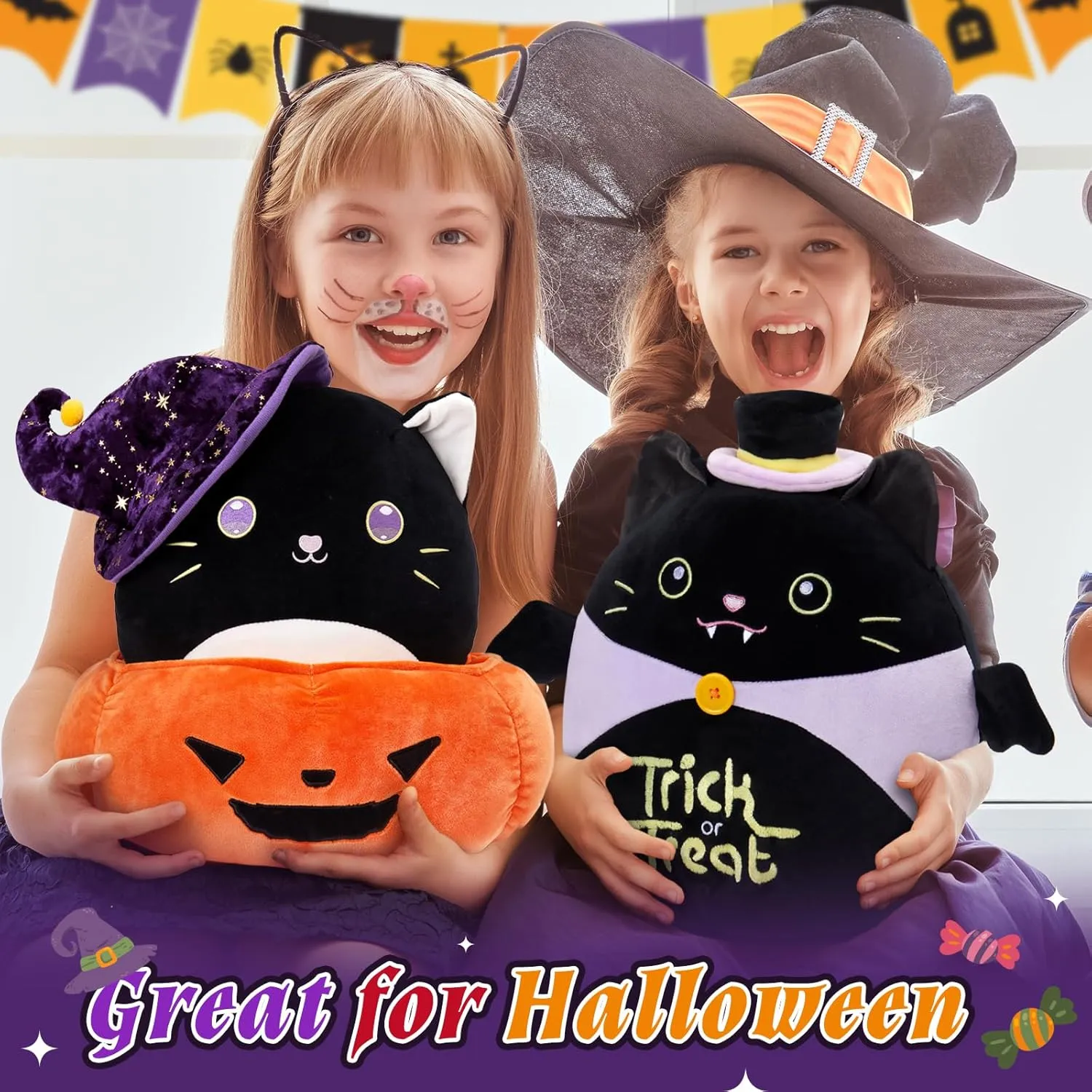 Kids Boys Girls WEWILL 12'' Halloween Black Cat Soft Plush Pillow Halloween Black Kitty Bat Stuffed Animal Gift for regain steer melodic trapper dearth unique Toddler 