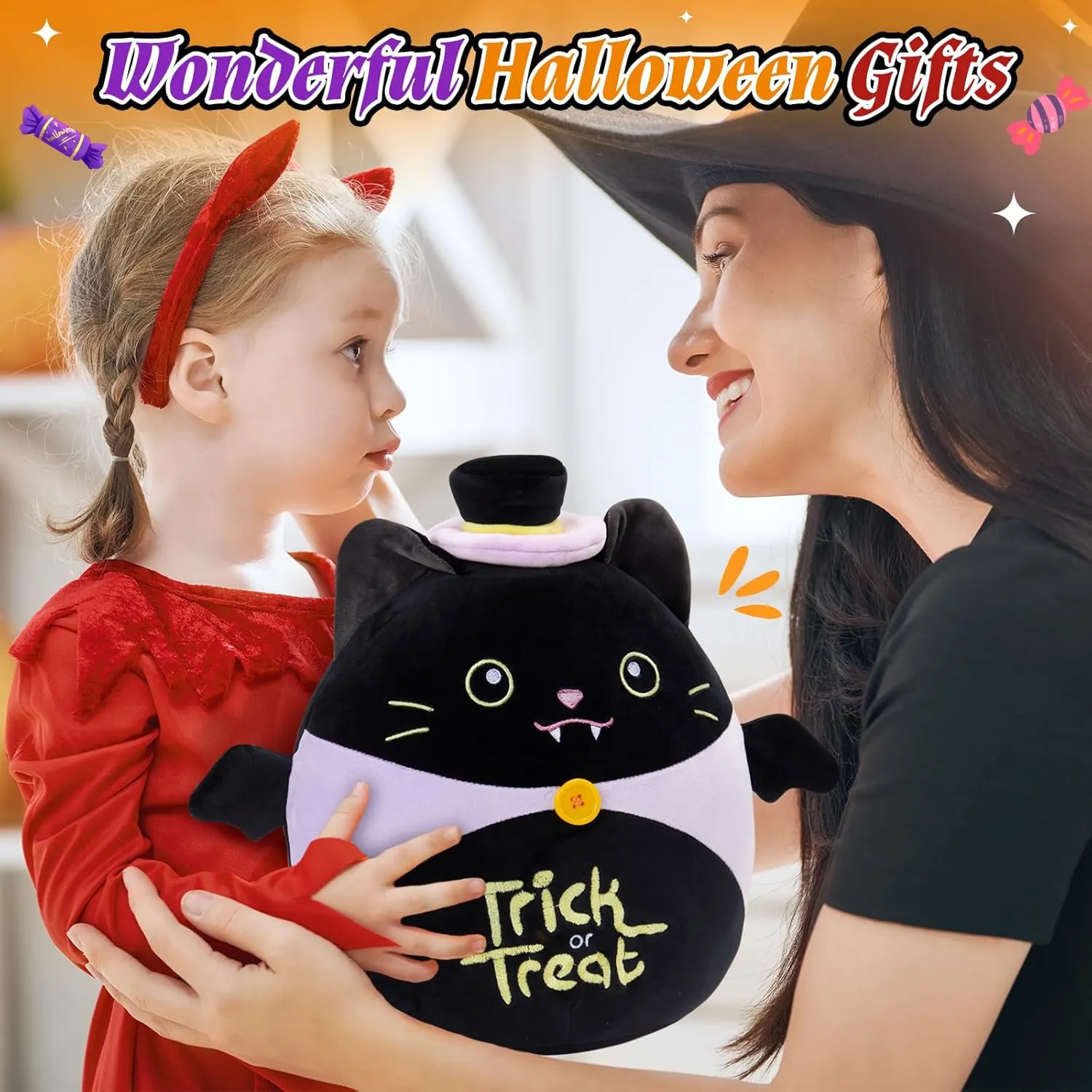 Kids Boys Girls WEWILL 12'' Halloween Black Cat Soft Plush Pillow Halloween Black Kitty Bat Stuffed Animal Gift for regain steer melodic trapper dearth unique Toddler 