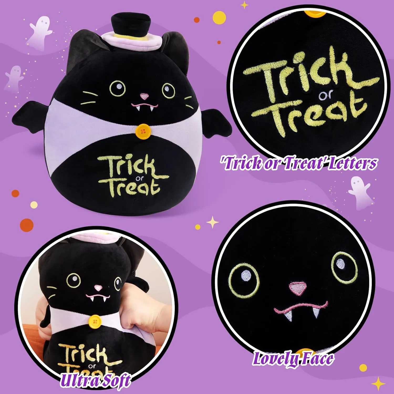 Kids Boys Girls WEWILL 12'' Halloween Black Cat Soft Plush Pillow Halloween Black Kitty Bat Stuffed Animal Gift for regain steer melodic trapper dearth unique Toddler 