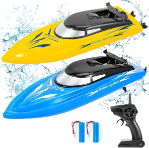 Kids clumsy and Adults(Blue Yellow) 2PACK RC Boat-10km/H 2.4G High Speed Remote Control Boat-Fast RC Boats for Pools and Lakes with 4 Rechargeable Battery-Remote Control Boats for 