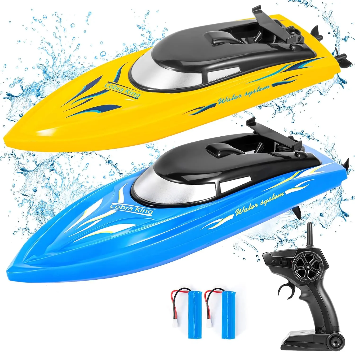 Kids clumsy and Adults(Blue Yellow) 2PACK RC Boat-10km/H 2.4G High Speed Remote Control Boat-Fast RC Boats for Pools and Lakes with 4 Rechargeable Battery-Remote Control Boats for 