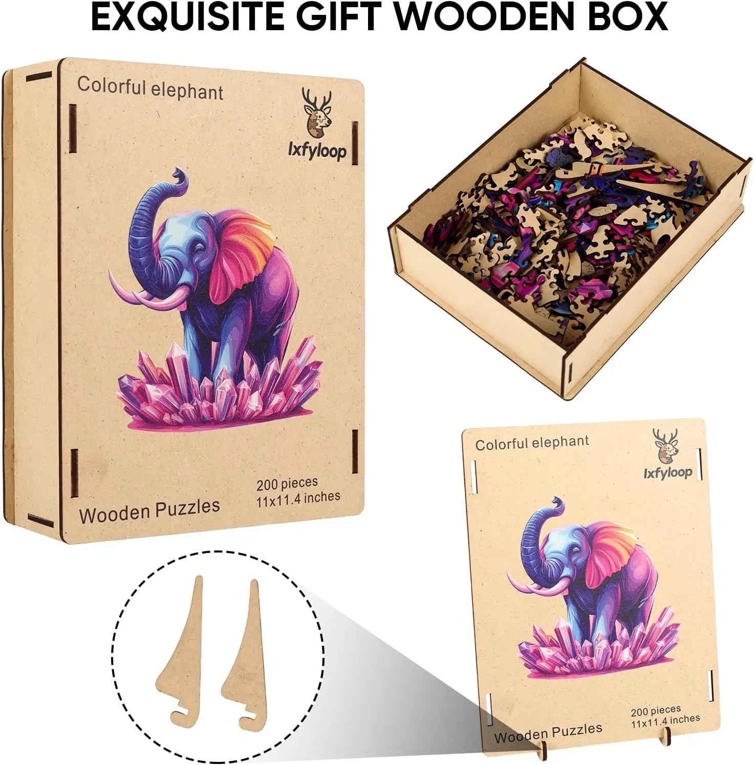 Kids Family Brain Game Wooden Puzzles wit for Adults$Elephant Jigsaw Puzzles$Unique Shape Animal Adult Puzzles$200pcs$11x11.4in$Medium$Irregular Wood Toys Best Gift for Adults and 