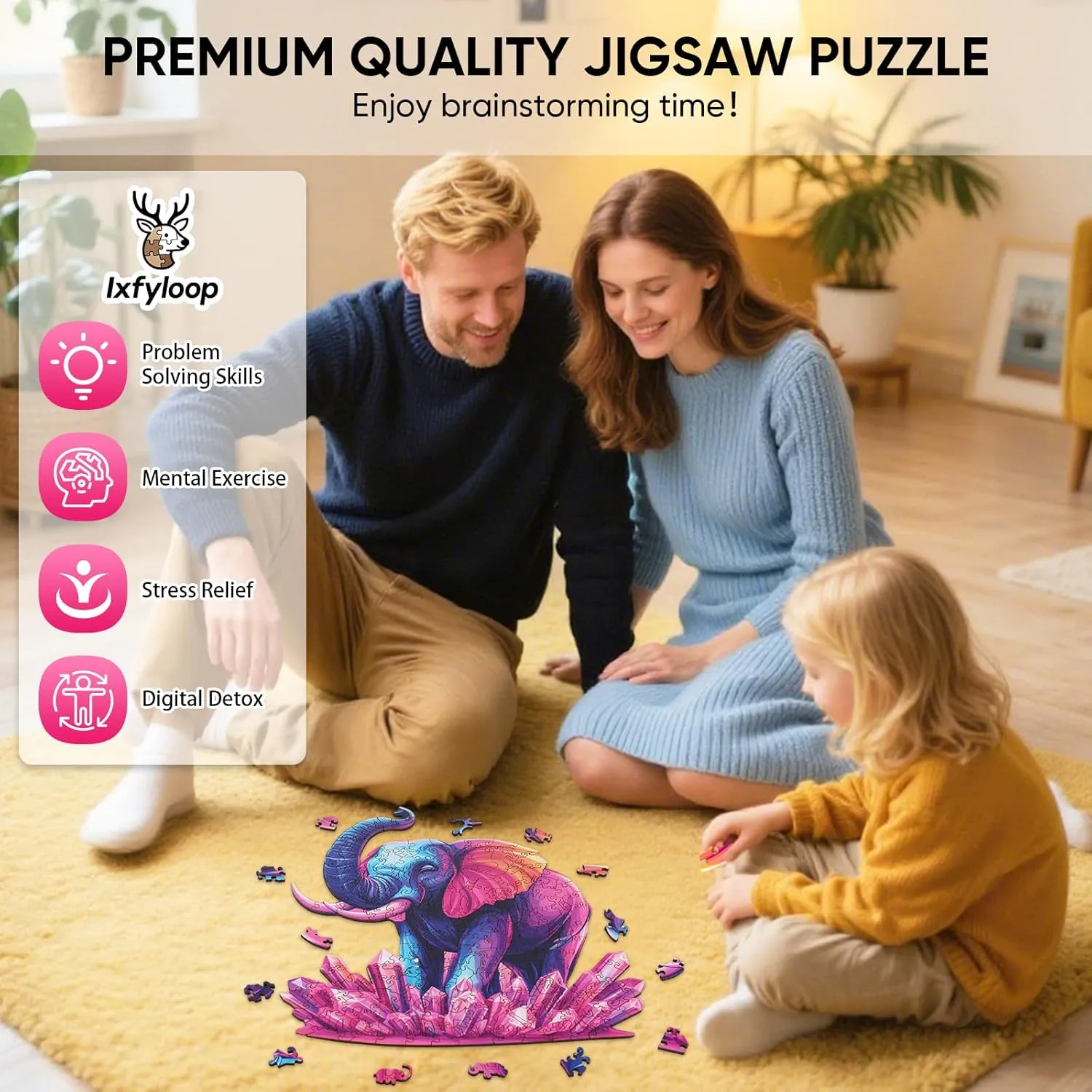 Kids Family Brain Game Wooden Puzzles wit for Adults$Elephant Jigsaw Puzzles$Unique Shape Animal Adult Puzzles$200pcs$11x11.4in$Medium$Irregular Wood Toys Best Gift for Adults and 