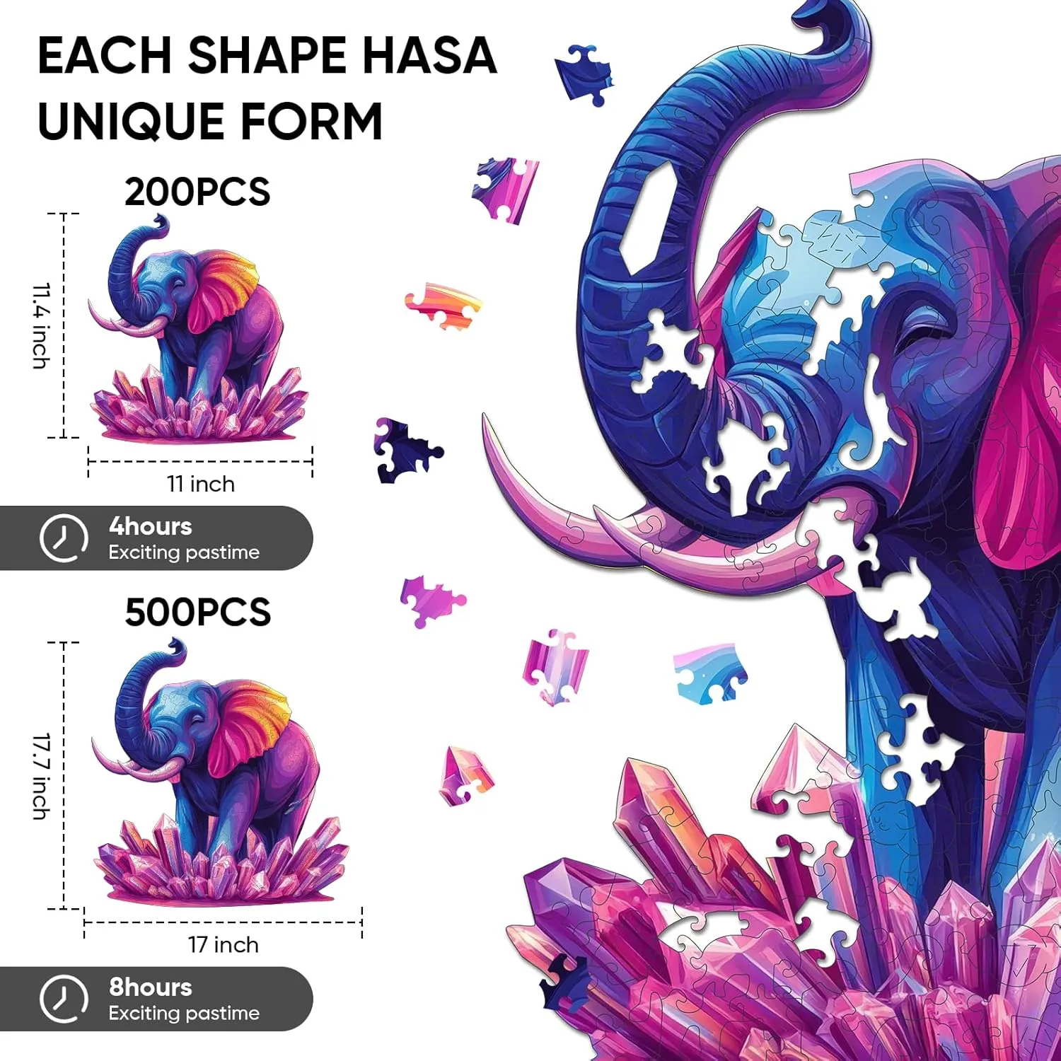 Kids Family Brain Game Wooden Puzzles wit for Adults$Elephant Jigsaw Puzzles$Unique Shape Animal Adult Puzzles$200pcs$11x11.4in$Medium$Irregular Wood Toys Best Gift for Adults and 