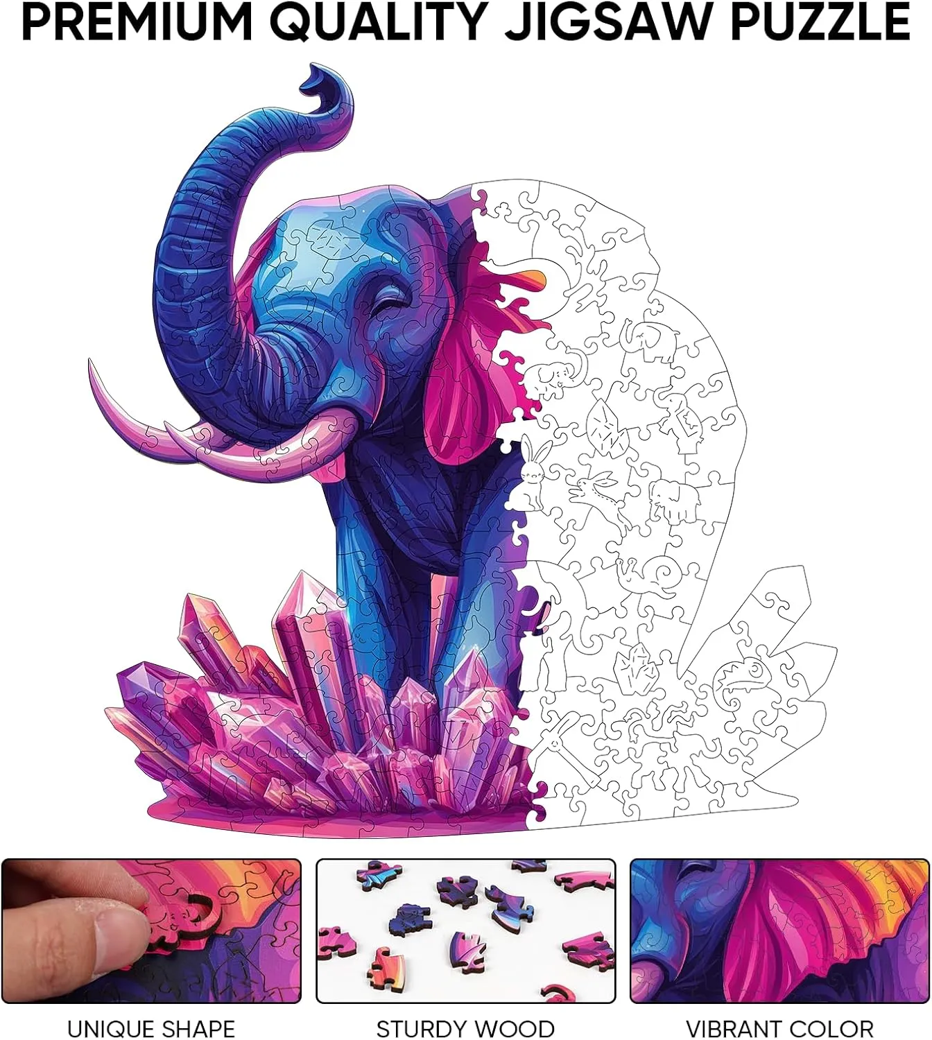 Kids Family Brain Game Wooden Puzzles wit for Adults$Elephant Jigsaw Puzzles$Unique Shape Animal Adult Puzzles$200pcs$11x11.4in$Medium$Irregular Wood Toys Best Gift for Adults and 