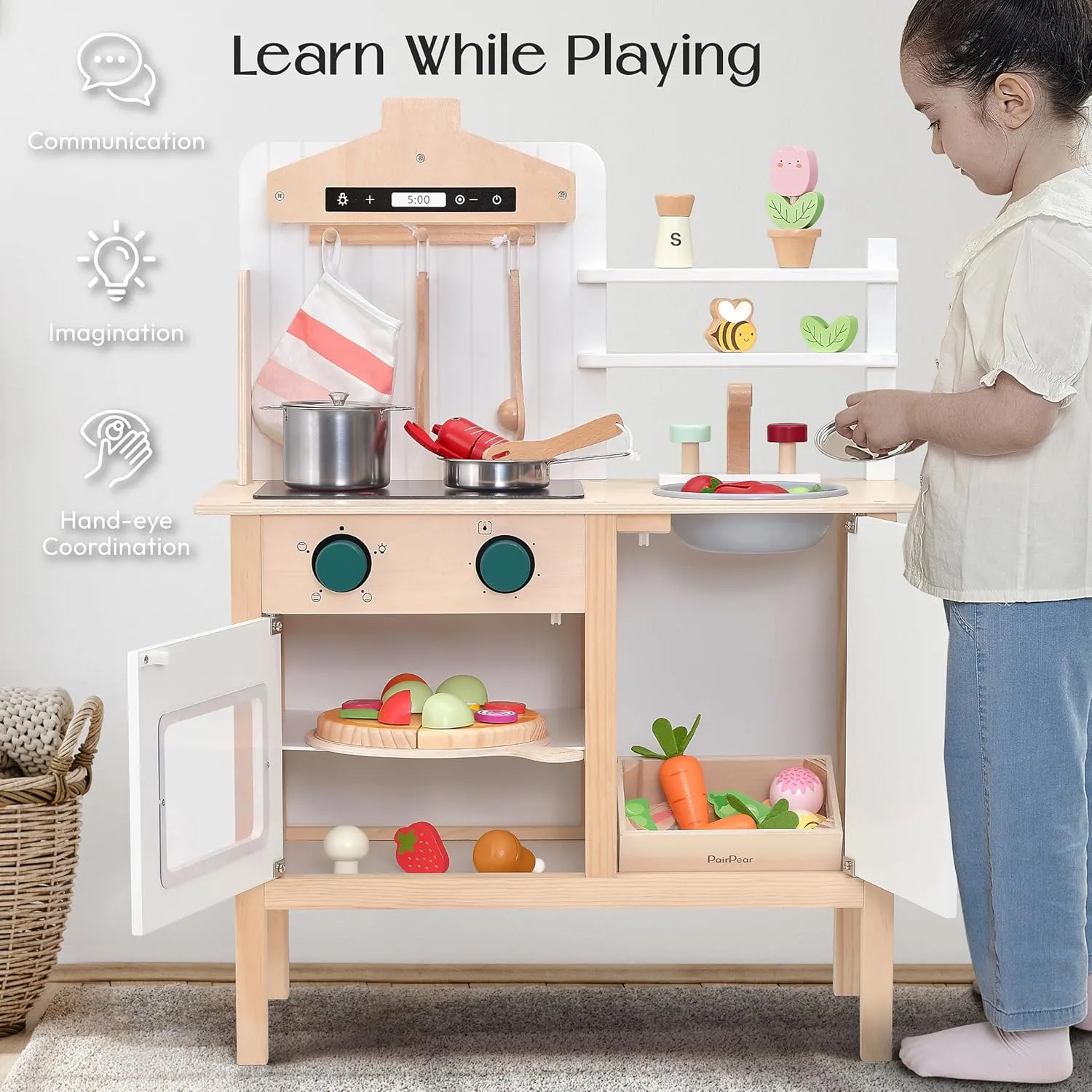 Kids Kitchen Playset for Girls and Boys, Mordern Designed radical Toys Kitchen Gift with Play Food Kitchen Accessoires for 3Y  PairPear Play Kitchen for Kids, Wooden Toys 