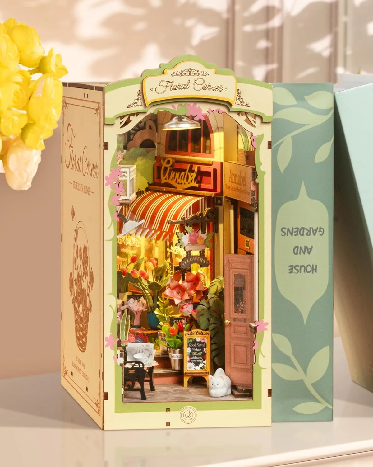 Kits, Miniature House Kit, 3D Wooden Puzzle with LED, Dollhouse Booknook Kit, Creative Bookends Bookshelf Diorama Insert for Teens and Adults (Floral television Corner) ROBOTIME DIY Book Nook 