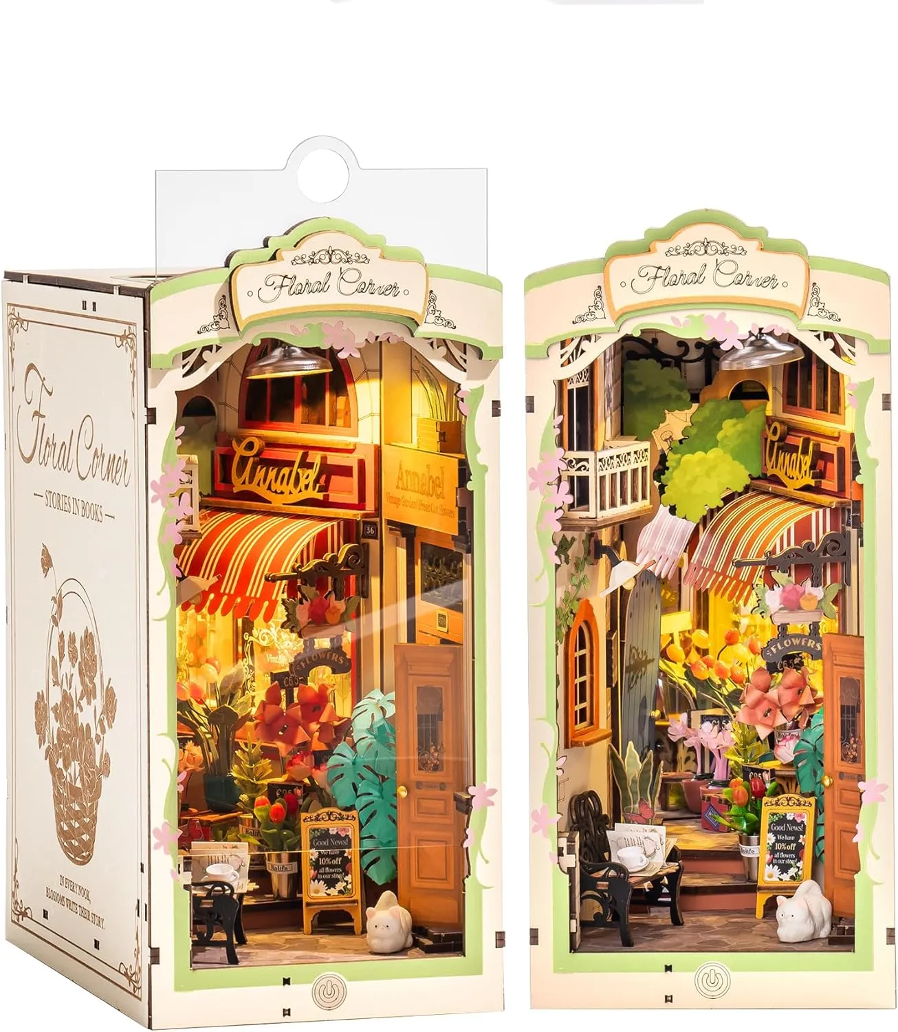 Kits, Miniature House Kit, 3D Wooden Puzzle with LED, Dollhouse Booknook Kit, Creative Bookends Bookshelf Diorama Insert for Teens and Adults (Floral television Corner) ROBOTIME DIY Book Nook 