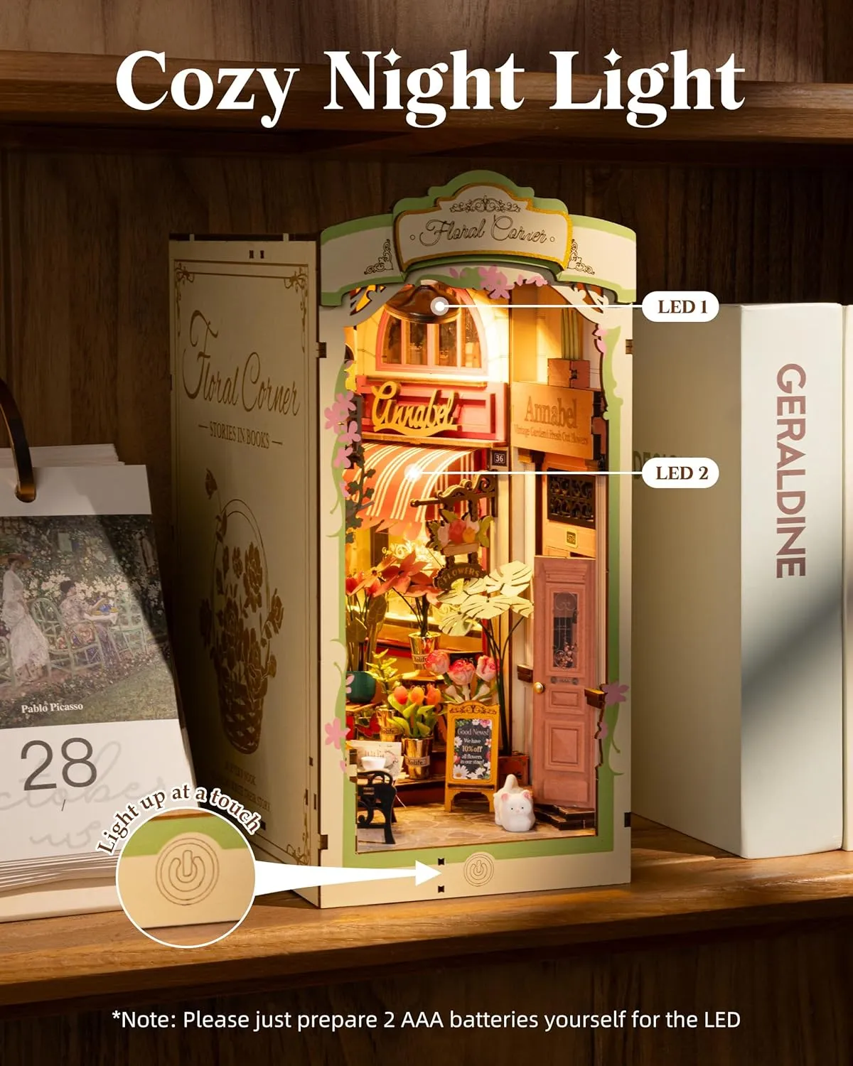 Kits, Miniature House Kit, 3D Wooden Puzzle with LED, Dollhouse Booknook Kit, Creative Bookends Bookshelf Diorama Insert for Teens and Adults (Floral television Corner) ROBOTIME DIY Book Nook 