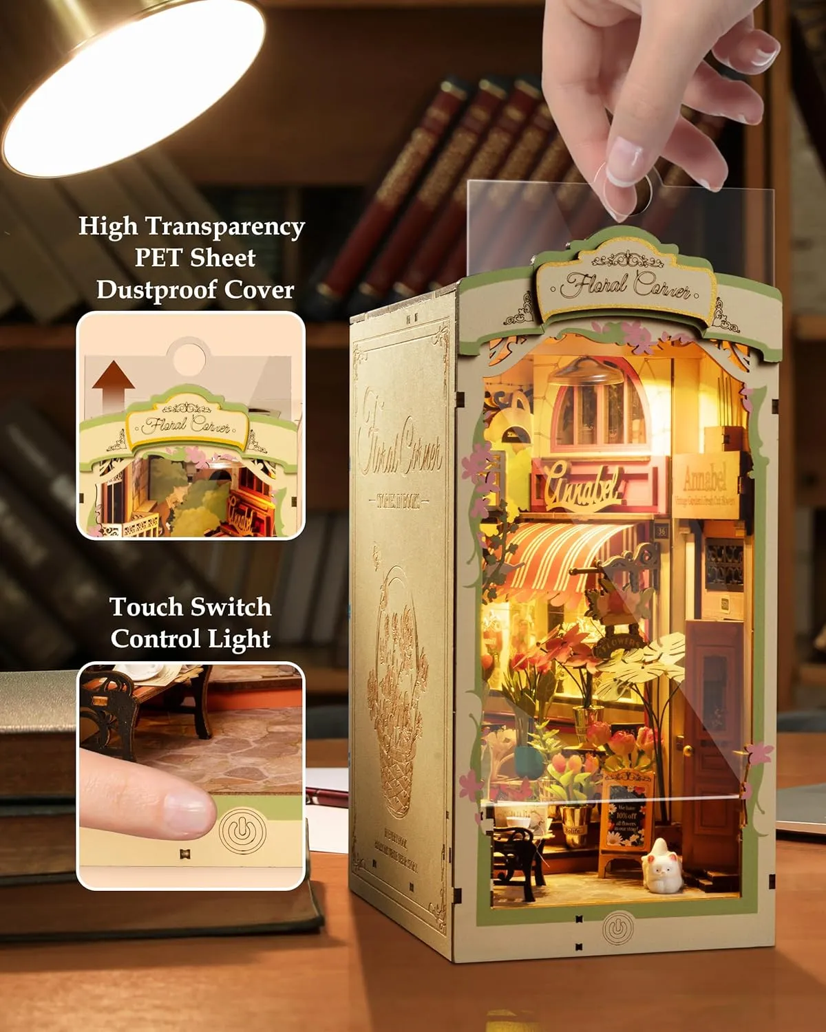 Kits, Miniature House Kit, 3D Wooden Puzzle with LED, Dollhouse Booknook Kit, Creative Bookends Bookshelf Diorama Insert for Teens and Adults (Floral television Corner) ROBOTIME DIY Book Nook 