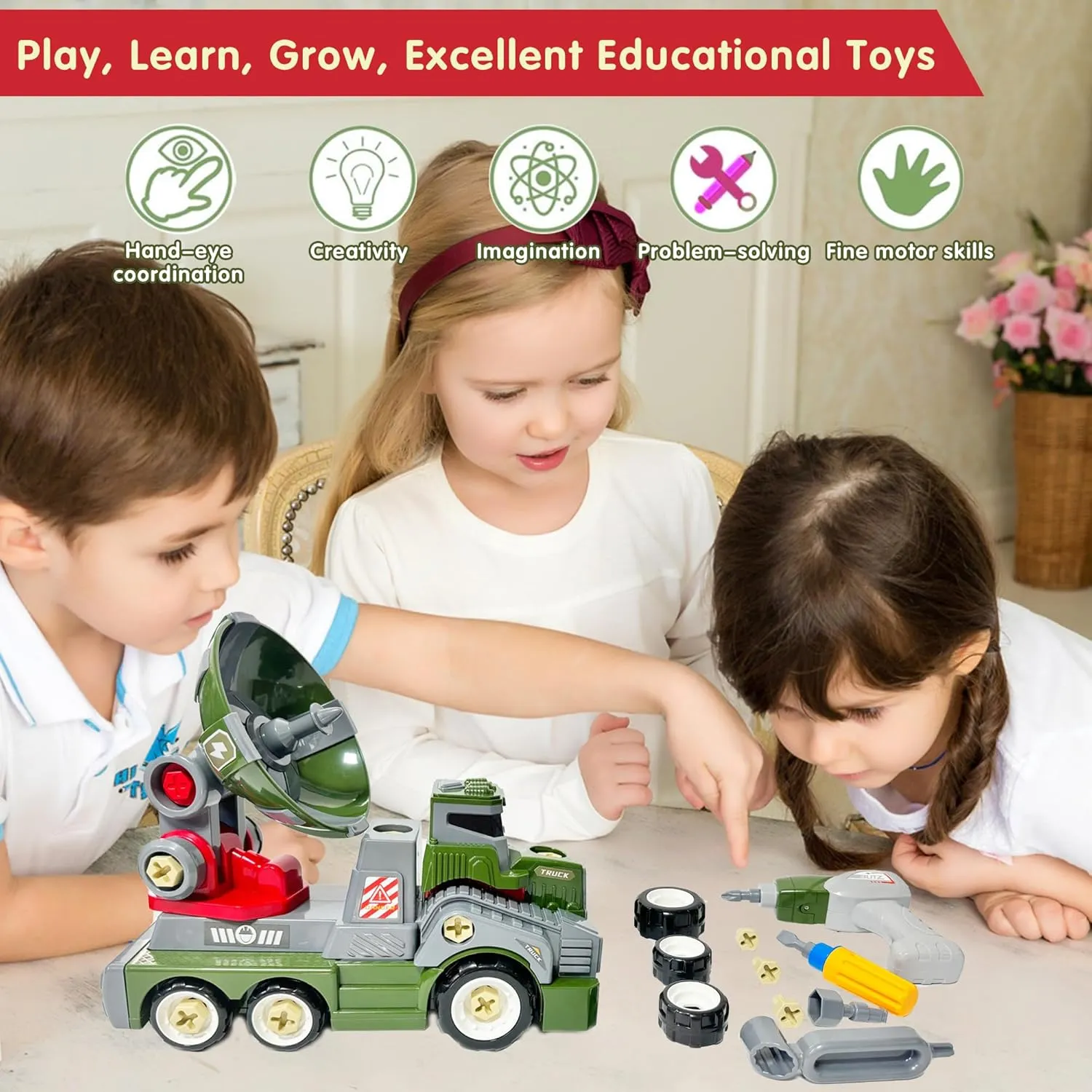 Large Take Apart Trucks Army Toys for Boys Girls Kids 3-10 Year Old Radar Trucks Toys with Electric plague coach reveal Drill Assembly Toy 11inches 