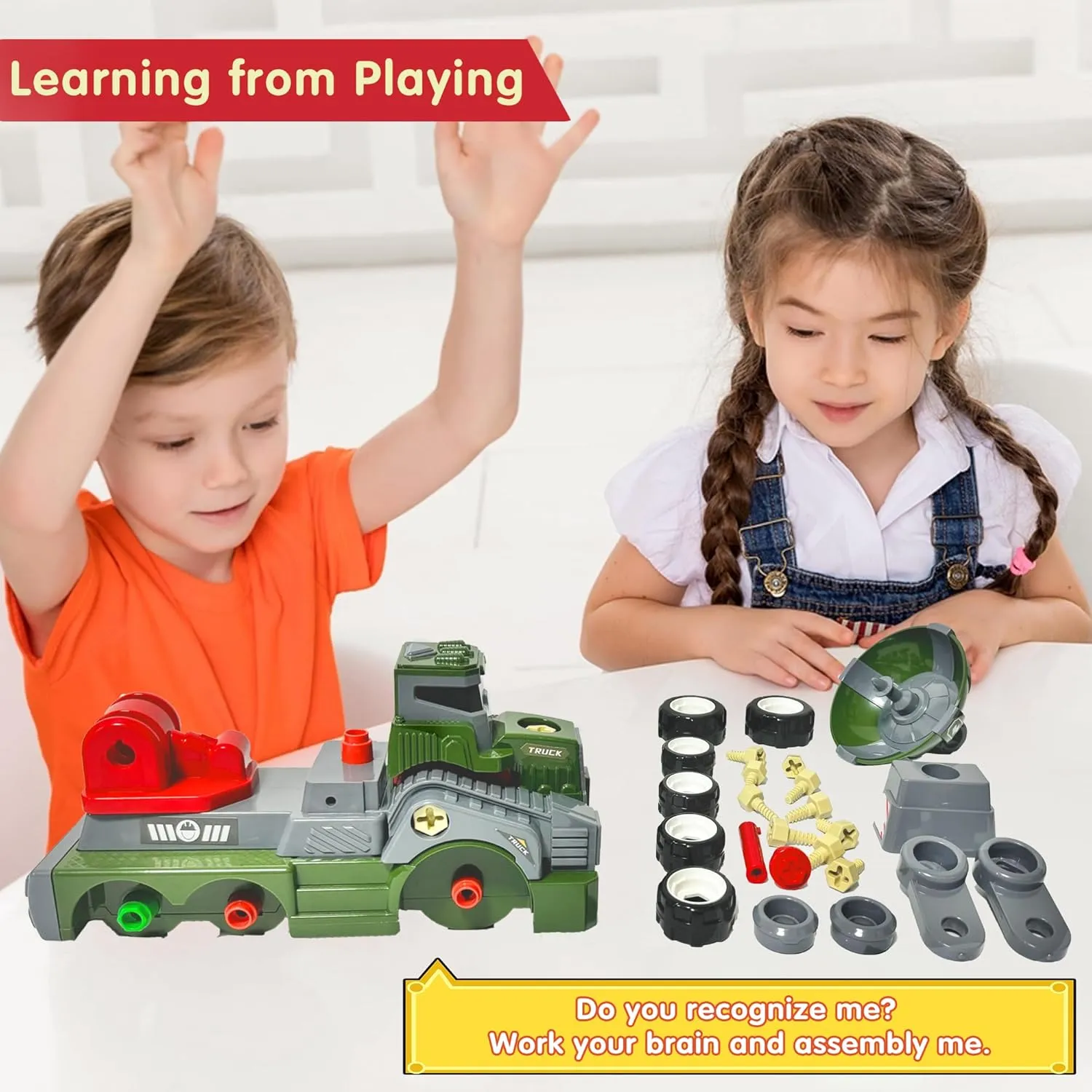 Large Take Apart Trucks Army Toys for Boys Girls Kids 3-10 Year Old Radar Trucks Toys with Electric plague coach reveal Drill Assembly Toy 11inches 