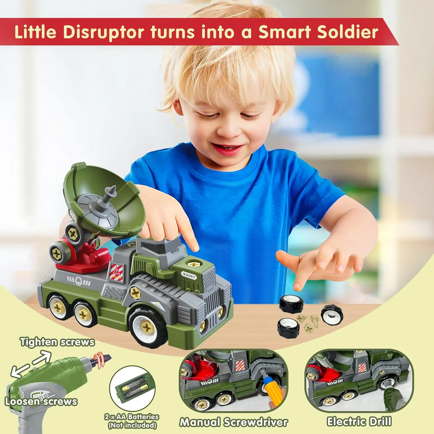 Large Take Apart Trucks Army Toys for Boys Girls Kids 3-10 Year Old Radar Trucks Toys with Electric plague coach reveal Drill Assembly Toy 11inches 