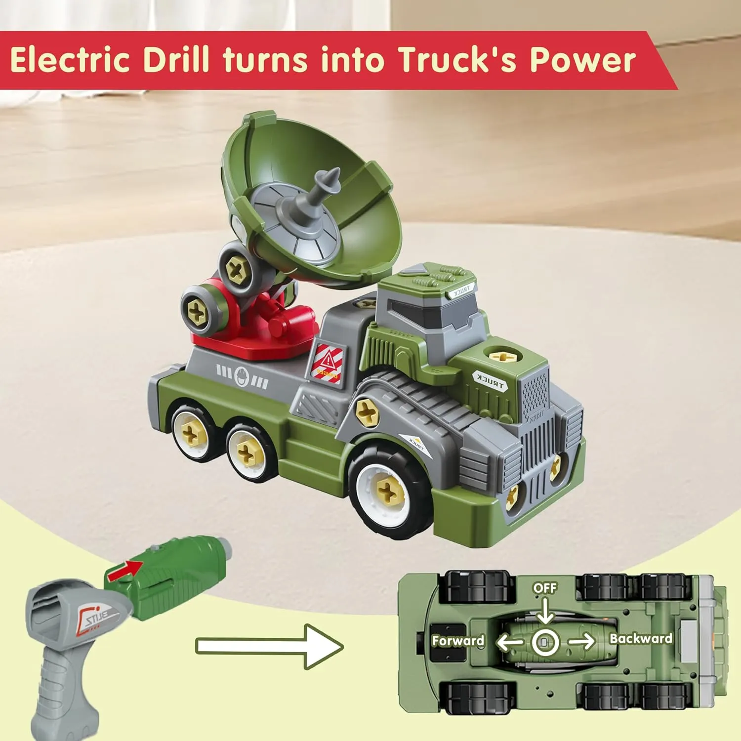 Large Take Apart Trucks Army Toys for Boys Girls Kids 3-10 Year Old Radar Trucks Toys with Electric plague coach reveal Drill Assembly Toy 11inches 