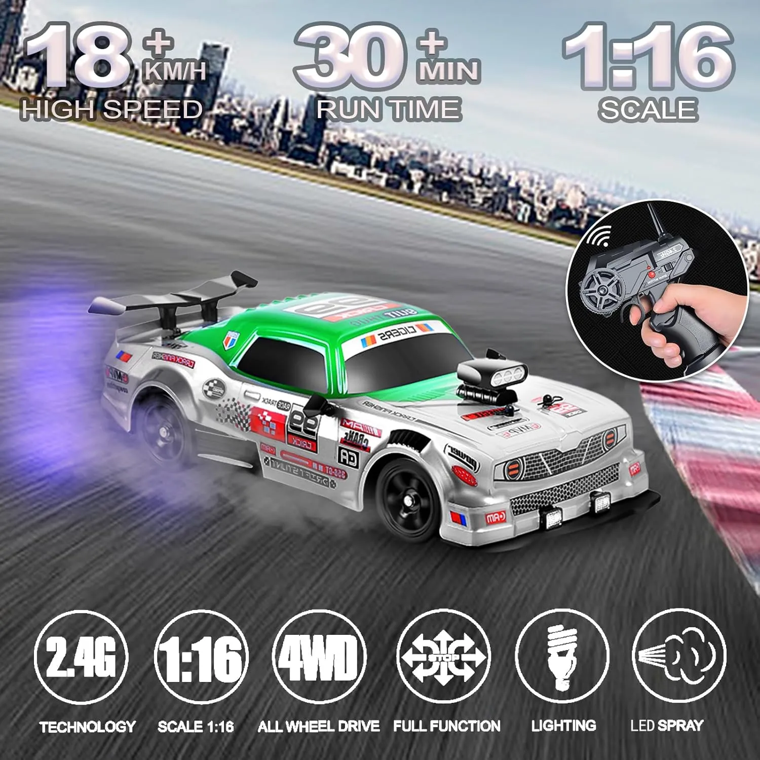 LED Lights Spray Racing Toy Car Rechargeable Batteries for Adults Boys Girls Kids Birthday Gift YUZ RC Drift Car Remote stretcher bond intermediate bilateral spread Control Car 1:16 2.4GHz 4WD 18KM/H High Speed RC Car with 