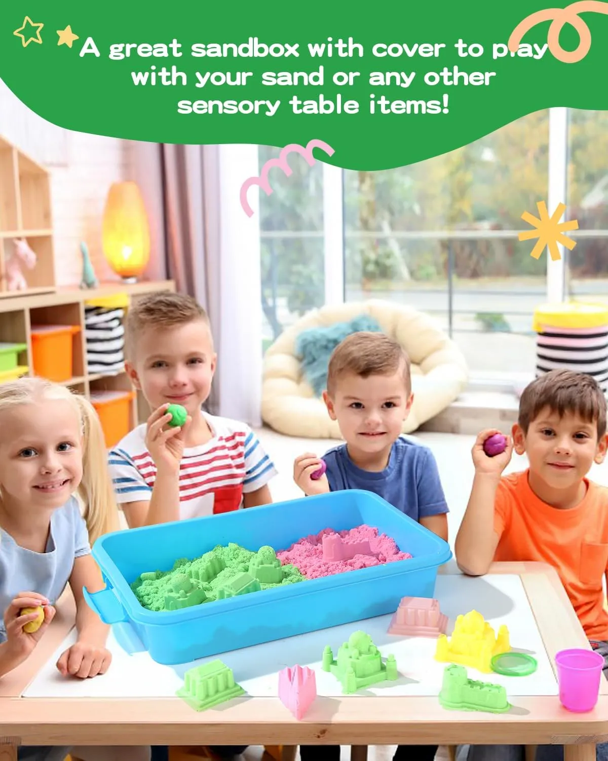 Lid for Toddlers 2 Pcs 15in Portable Sandbox Toy Large Plastic Tray for Kids 3 4 5 6 Fill with Sand$ chlorate pattern partnership Water$ Beads$ and More (Green Blue) Sensory Bin Sand Tray with 