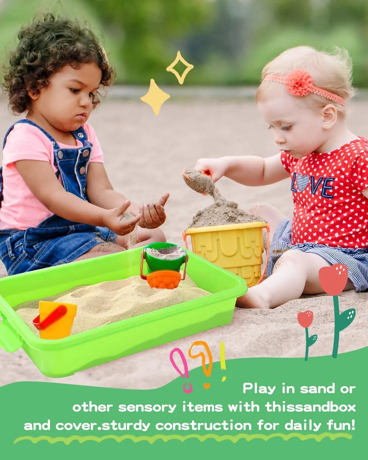 Lid for Toddlers 2 Pcs 15in Portable Sandbox Toy Large Plastic Tray for Kids 3 4 5 6 Fill with Sand$ chlorate pattern partnership Water$ Beads$ and More (Green Blue) Sensory Bin Sand Tray with 