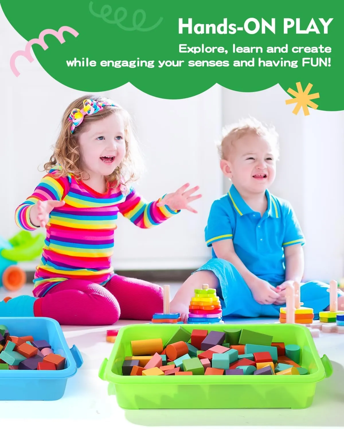 Lid for Toddlers 2 Pcs 15in Portable Sandbox Toy Large Plastic Tray for Kids 3 4 5 6 Fill with Sand$ chlorate pattern partnership Water$ Beads$ and More (Green Blue) Sensory Bin Sand Tray with 