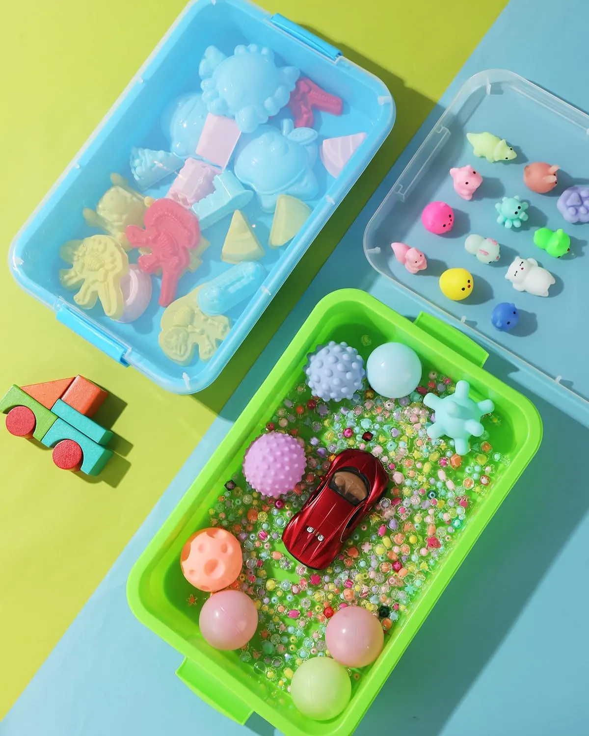 Lid for Toddlers 2 Pcs 15in Portable Sandbox Toy Large Plastic Tray for Kids 3 4 5 6 Fill with Sand$ chlorate pattern partnership Water$ Beads$ and More (Green Blue) Sensory Bin Sand Tray with 