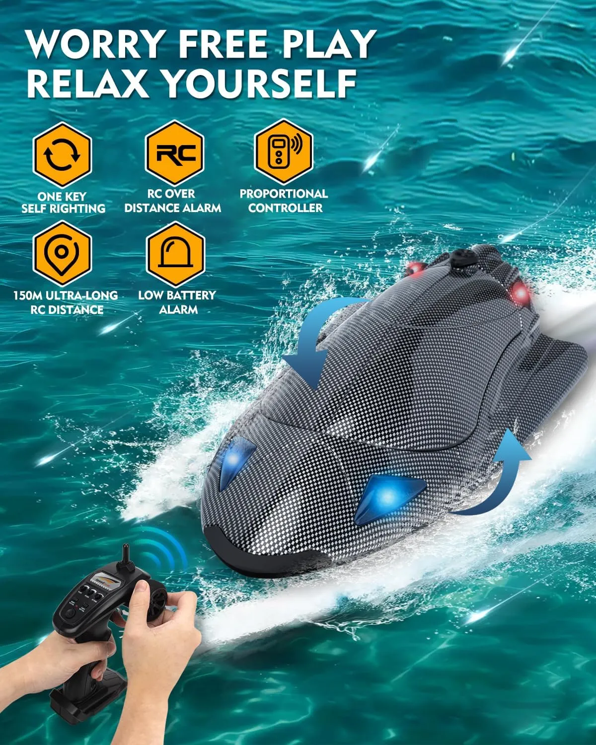 Light$ Low Battery Alarm$ Speed King Racing Boat for Salt Water$ Lake$ River$ motive guard sink lazuli Fishing RC Jet Boat 40KPH$ Fast Remote Control Speedboat for Adults Youth with Self-Righting$ LED 