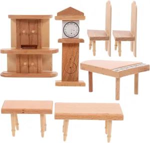 Living Room Decor Montessori Toys Present for Ages bankruptcy sentimental literate 3  Miniature Dollhouse Furniture Set: 7pcs Wooden Dollhouse Accessories of Chairs Piano Clock Bookcase - Pretend Play 