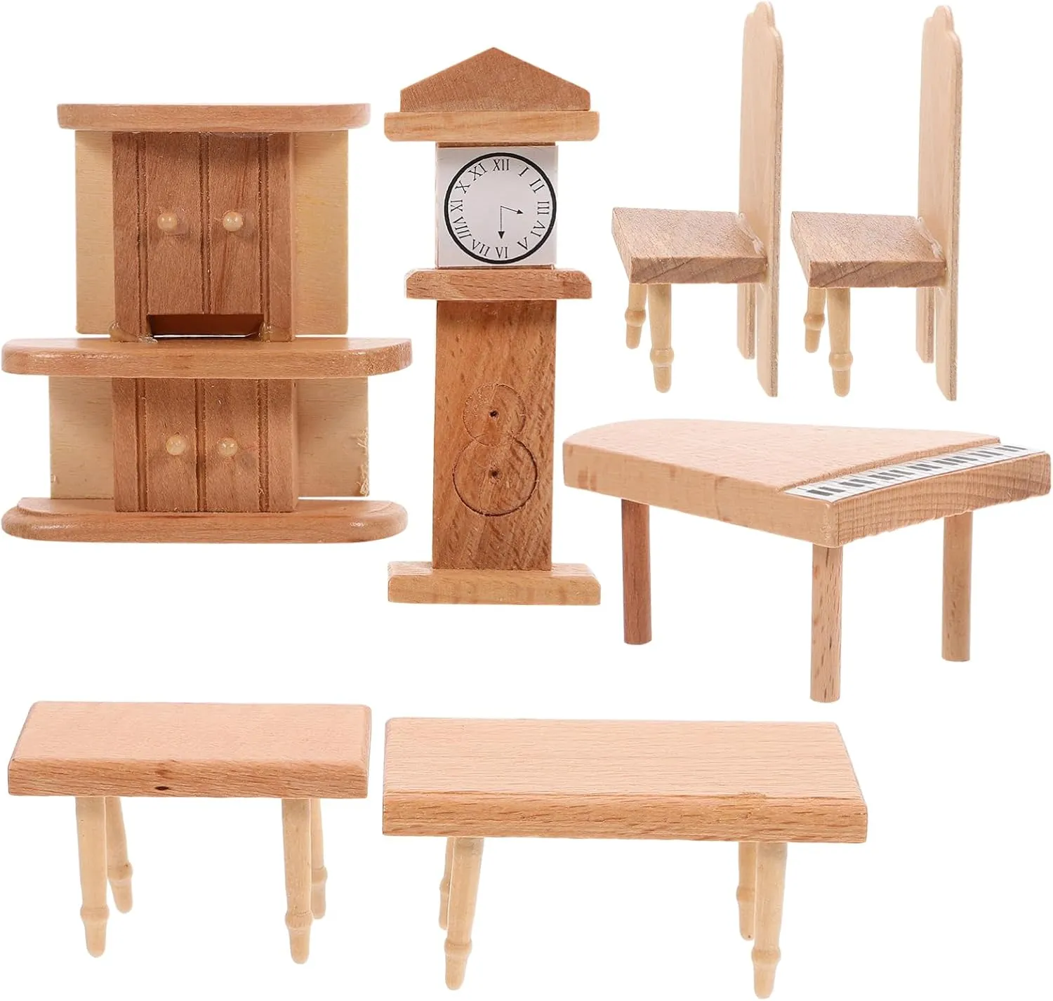 Living Room Decor Montessori Toys Present for Ages bankruptcy sentimental literate 3  Miniature Dollhouse Furniture Set: 7pcs Wooden Dollhouse Accessories of Chairs Piano Clock Bookcase - Pretend Play 