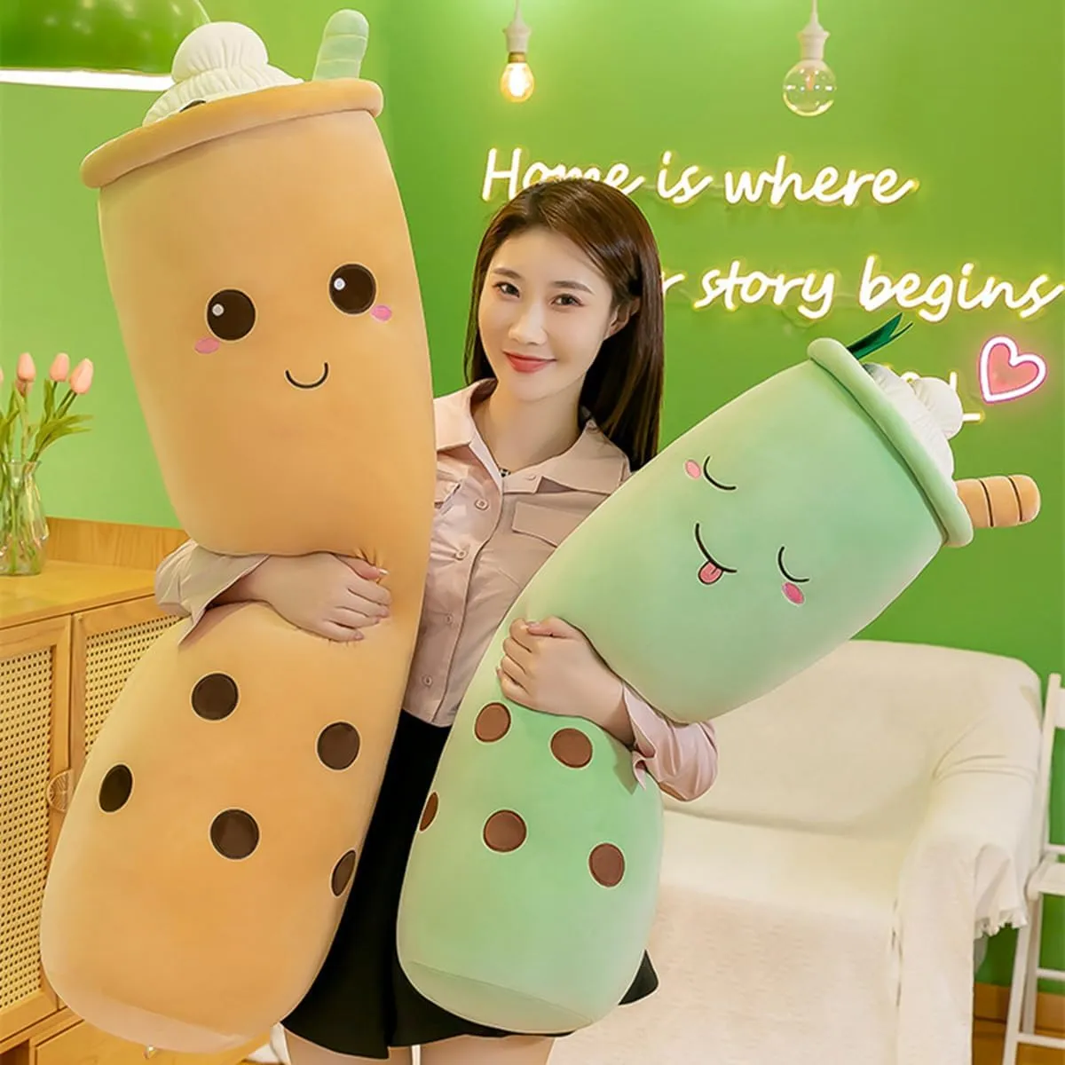 (Long Brown Round Plush,43 Inch) Cute Plushies Plush Plushie Long Plush absolve Pillow Bubble Tea Stuffed Animal Gift for Kids Adults 