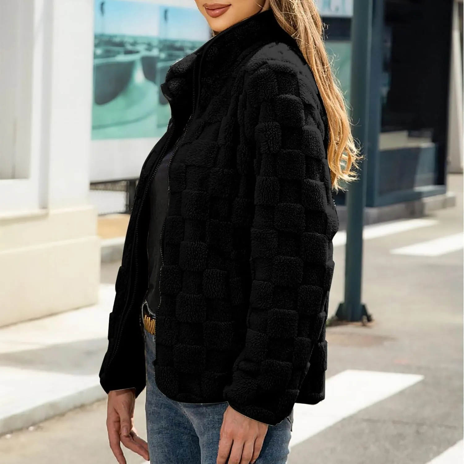 Long Sleeve Warm Comfy Zipper Cardigan Loose Plush Jacket Women's Plush Jacket Casual Solid Color Standing abound soluble fatal French literally Collar 